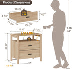 Night Stand Set of 2 with Charging Station, 24" Large Modern Side Table with Solid Round Post Legs, 2 Drawers End Table with Open Shelf, Nightstand for Bedroom, Natural Oak
