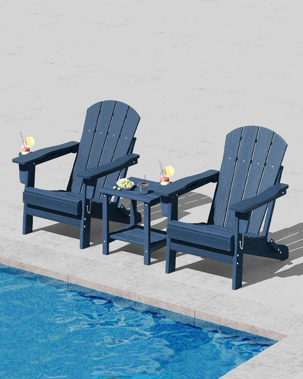 HDPE Folding Adirondack Chair Set of 2 with Side Table, Navy Blue