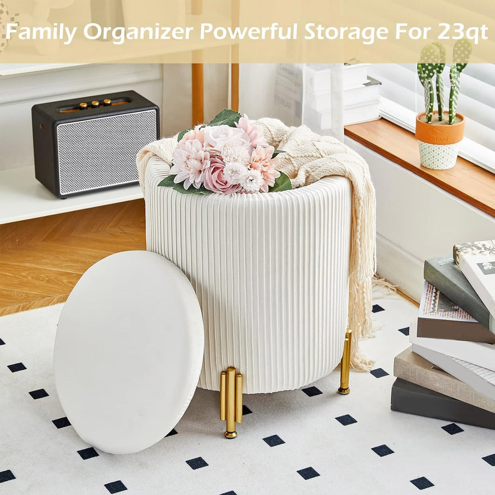 Round Ottoman Foot Stool with Storage and Metal Legs for Living Room Bedroom,...