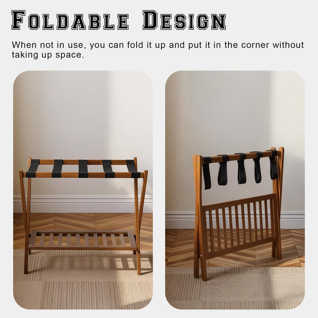 Bamboo Luggage Rack with Shoe Shelf Folding Suitcase Stand with 5 Heavy-Duty Straps for Guest Room Living Room Hotel Ideal Luggage Holder for Suitcases Bags Shoes,Walnut Brown
