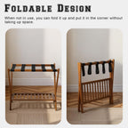 Bamboo Luggage Rack with Shoe Shelf Folding Suitcase Stand with 5 Heavy-Duty Straps for Guest Room Living Room Hotel Ideal Luggage Holder for Suitcases Bags Shoes,Walnut Brown