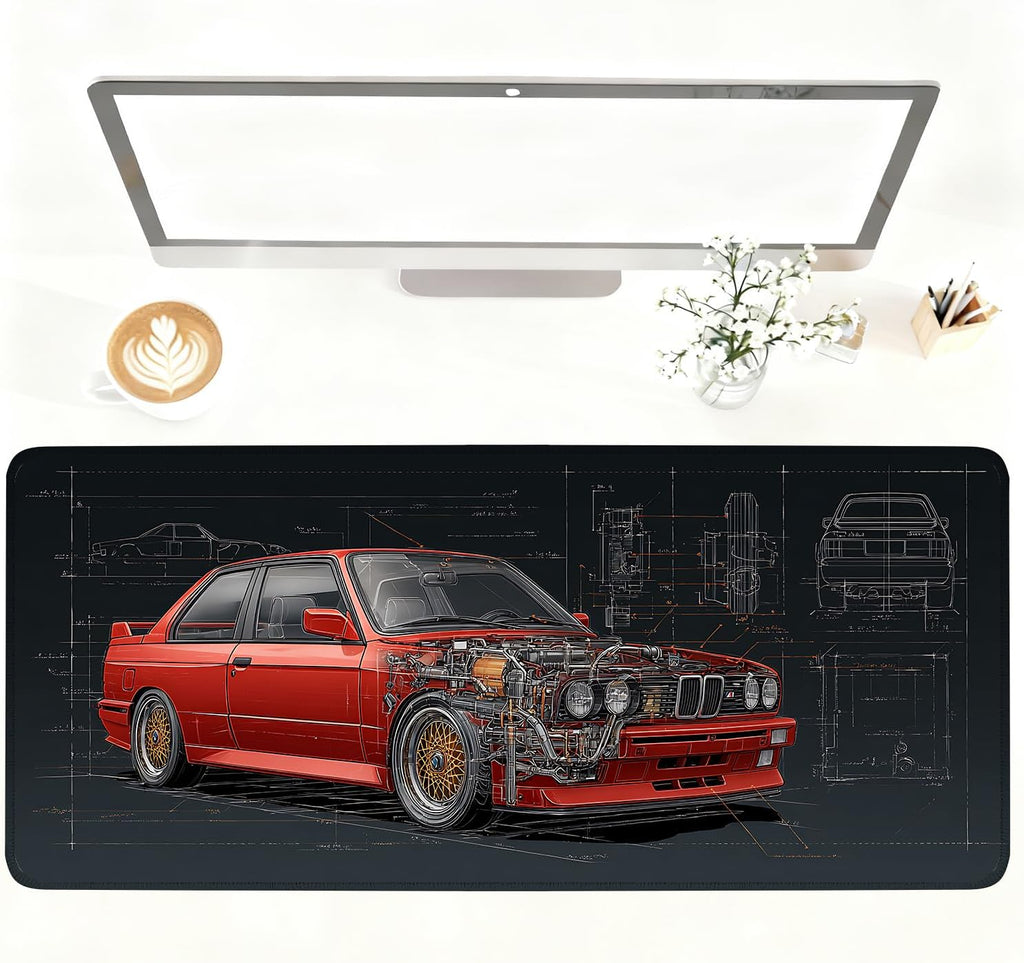 Retro Car Blueprint Mouse Pad – Large Extended Desk Mat 35.43 x 15.75 in – Classic Red Tuner Car Cutaway with Engine Diagram, Waterproof Surface, Non-Slip Rubber Base, Keyboard & Mouse Pad