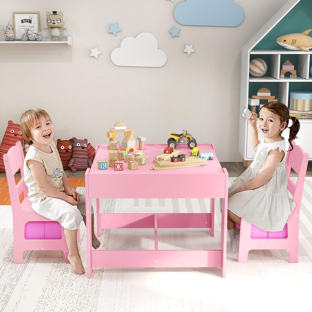 Kids Table and Chairs, 3 in 1 Wooden Kids Table with Storage Drawer, Removable Blackboard, Reversible Tabletop, Toddler Table and Chair Set for Drawing, Reading (Pink)