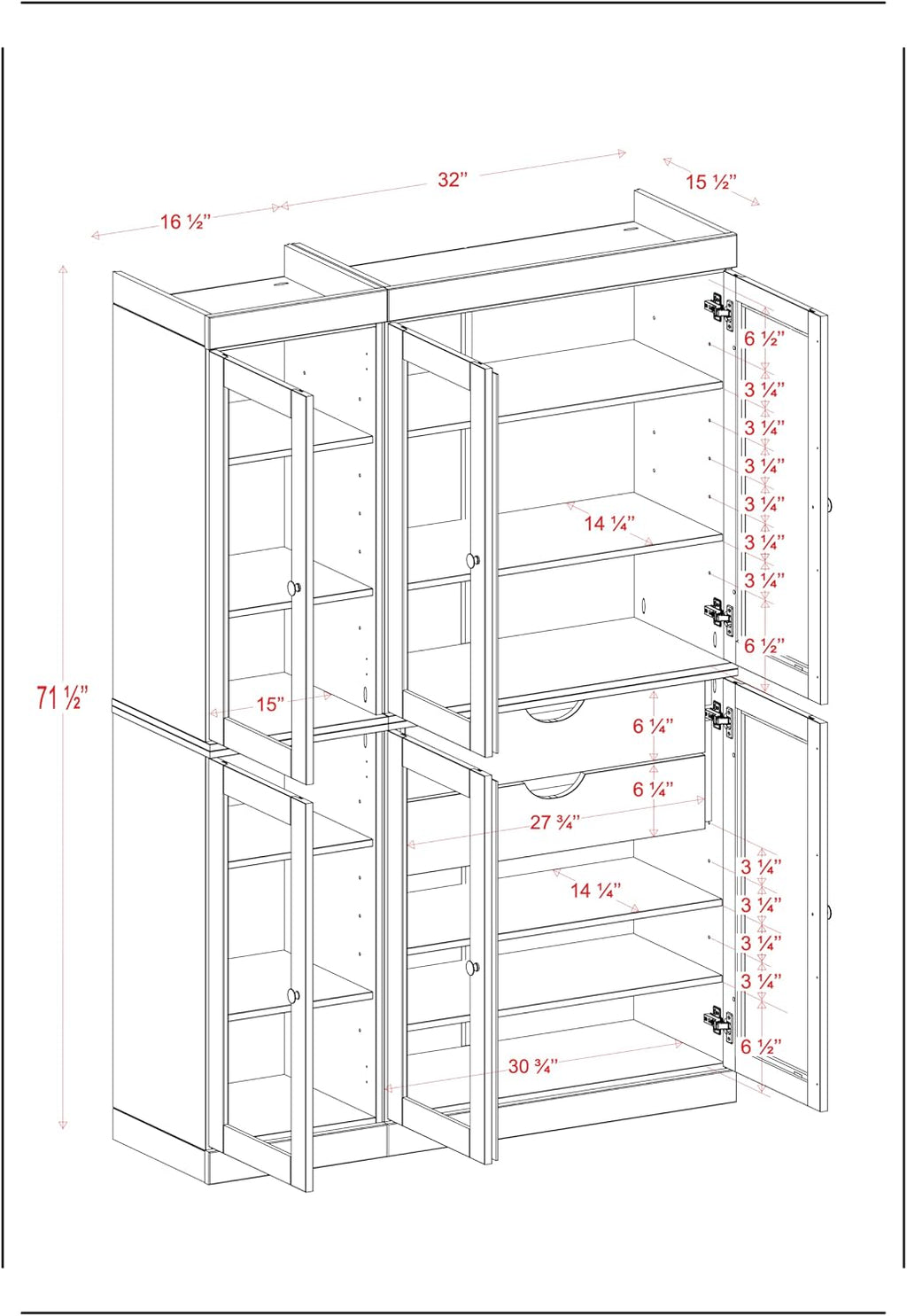 Palace Imports 100% Solid Wood 48.5" Pantry China Cabinet with Clear Glass Doors, 2-Drawers and Adjustable Shelves (Gray)