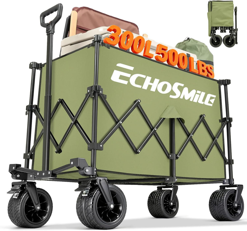 EchoSmile Collapsible Foldable Extended Wagon with 500lbs Weight Capacity, 300L Folding Utility Wagon Cart with Big All-Terrain Wheels for Beach,Sport,Gargen&Grocery,Green