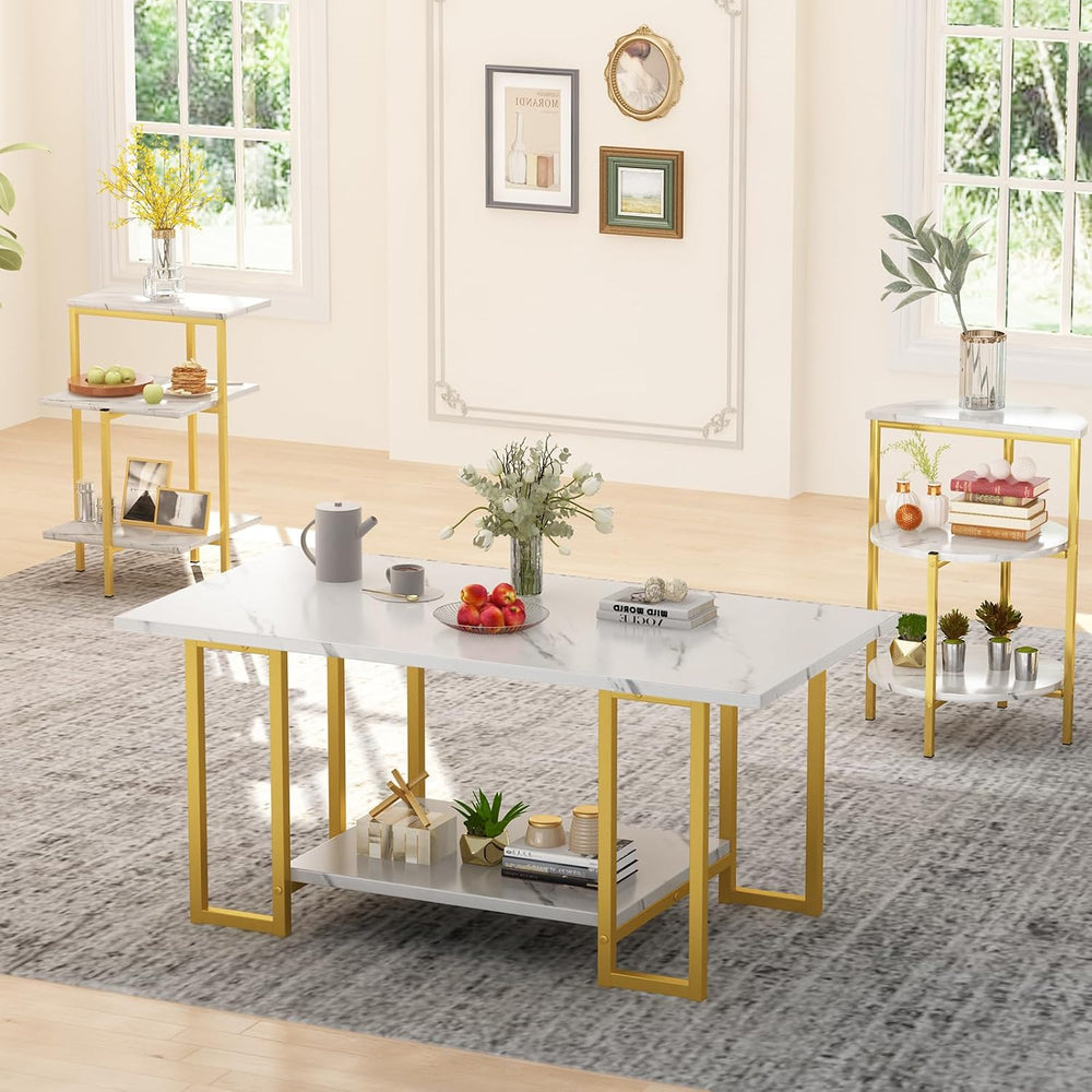 Lamerge Coffee Table Set of 3,Rectangle Coffee Table&2 Accent Table,Faux ...
