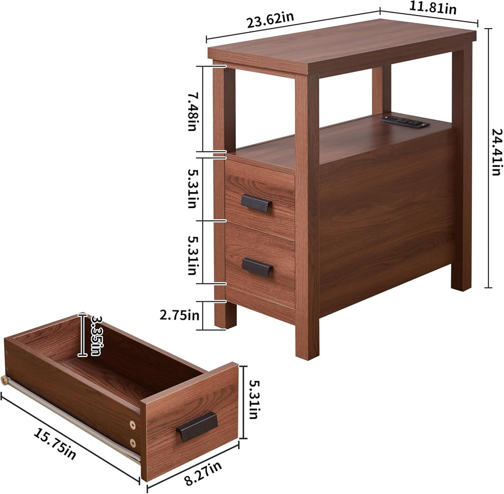 Farmhouse Side Table with Charging Station and 2 Drawers, Antique Nightstand ...
