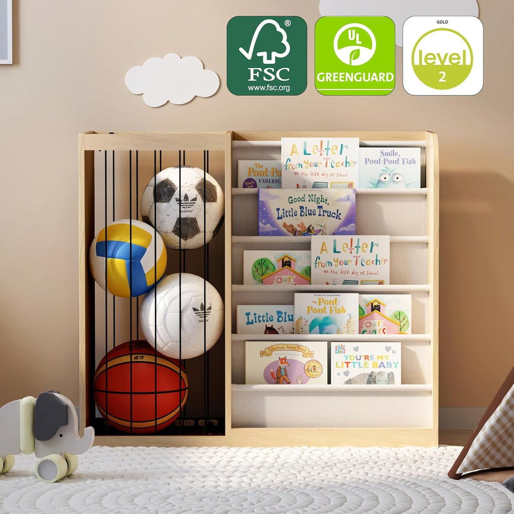 Natural Wood Kids Bookshelf & Stuffed Animal Net Holder Plush Toy Storage Organizer Child Bookcase Toddler Baby Sling Book Rack for Playroom Bedroom Nursery Infant Boys Girls Preschool