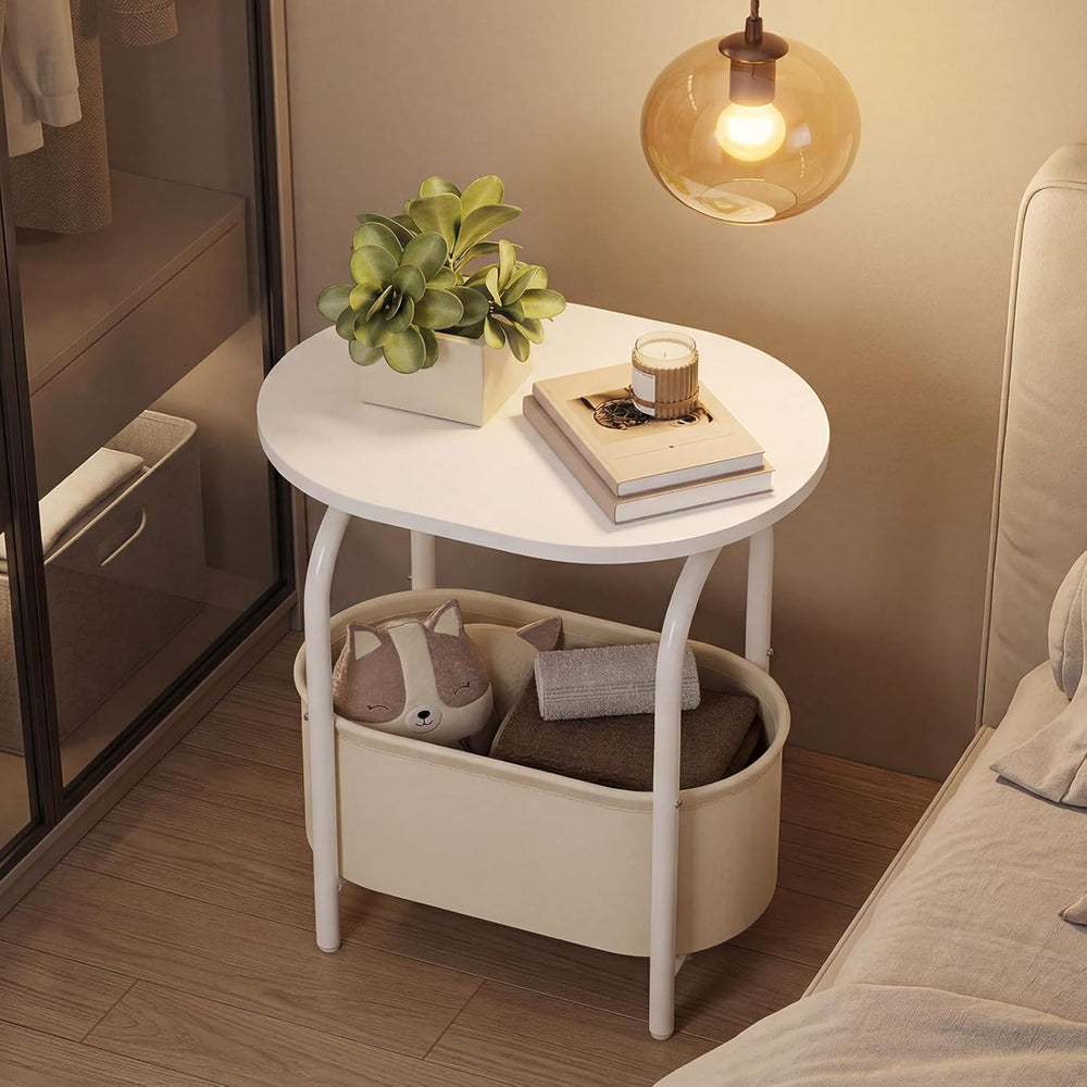 RALGEND Small Round Side Table with Fabric Basket Storage, Oval End Table for...