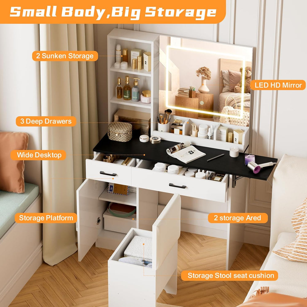 KAMABOKO White Vanity Desk with Mirror and Lights | Women Makeup Vanity with ...