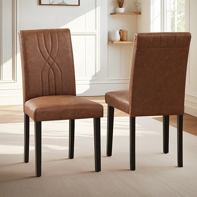 VECELO Upholstered Dining Chairs Set of 6, Modern PU Leather and Solid Wood Legs & High Back for Kitchen/Living Room- Brown