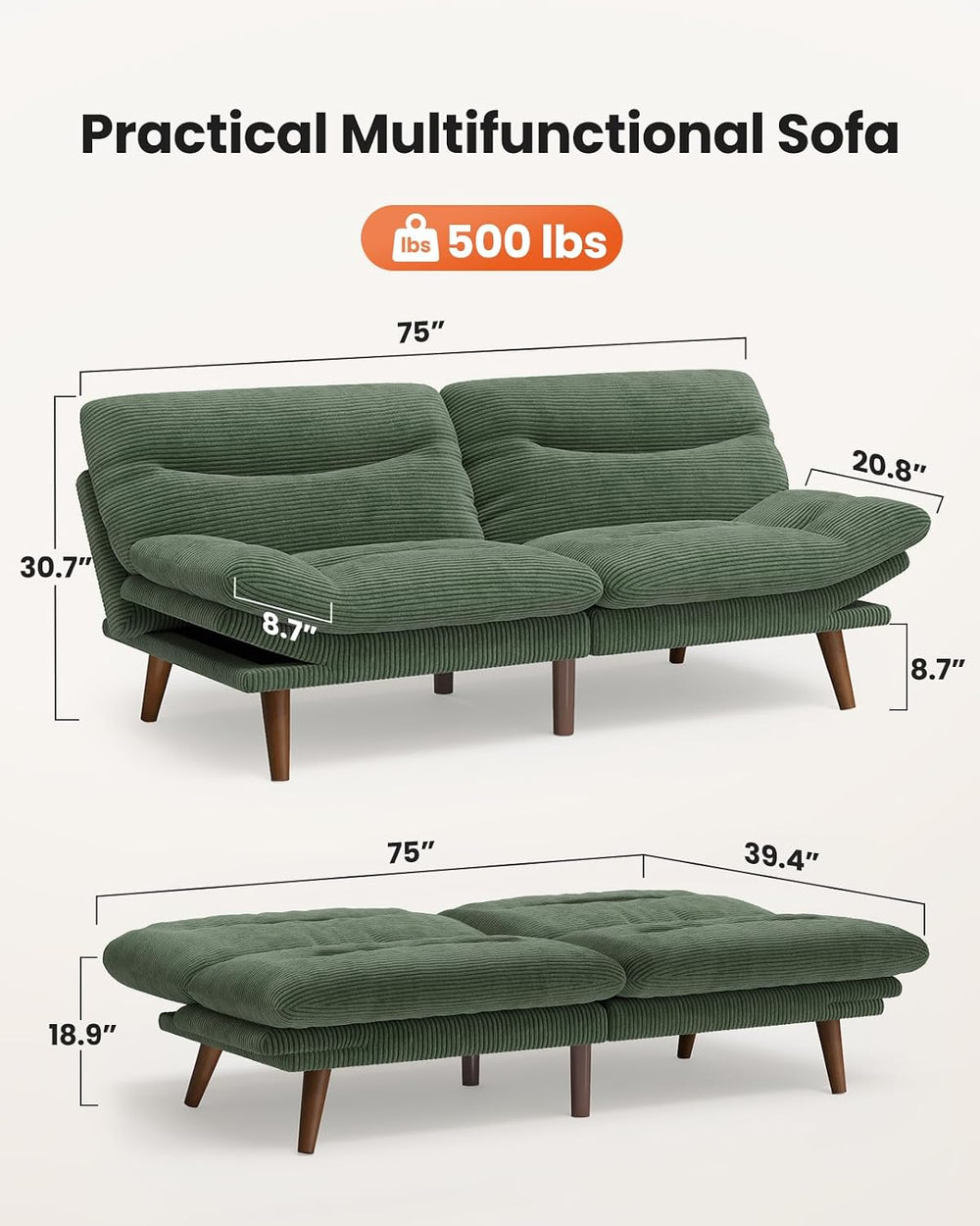 Amada 75" Convertible Futon Sofa Bed, Corduroy Folding Futon Set with Ad...