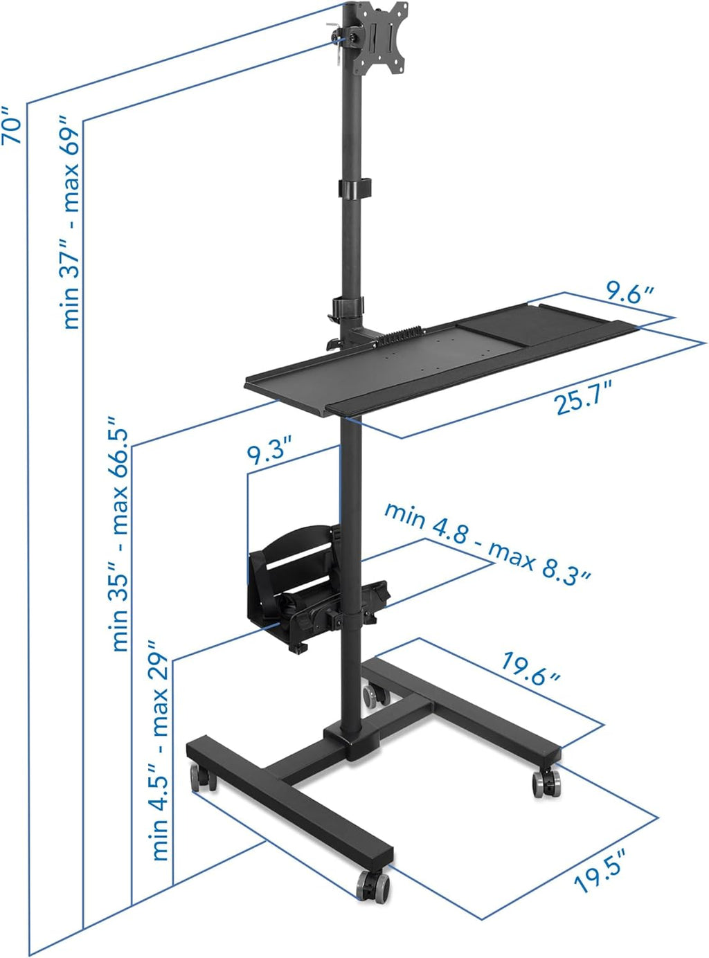 Mount-It! Rolling Computer Cart on Wheels, Mobile Desk Workstation with Monitor Mount for up to 32" Screen, Full Keyboard Tray, Floating Adjustable CPU Holder, Standing up to 70" Tall