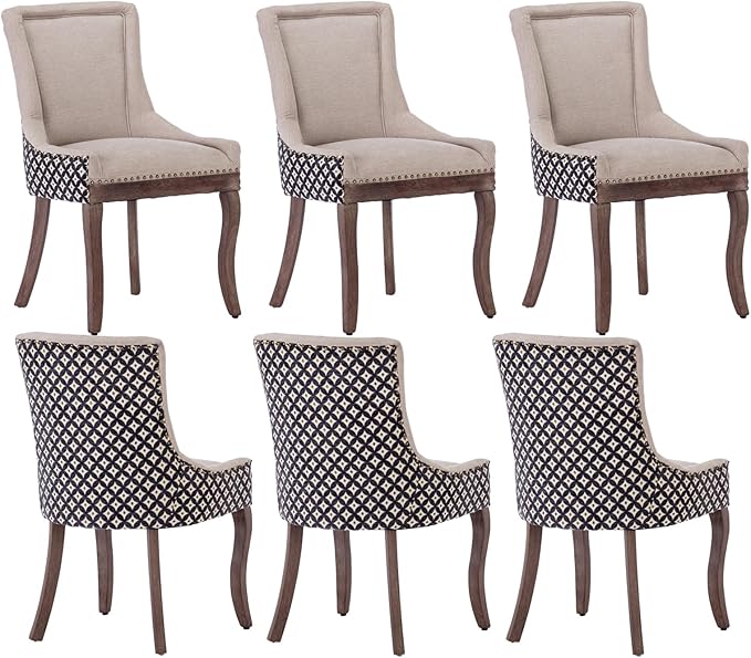 Modern Dining Chairs Set of 6, High Back Dining Chairs Side Chairs with Solid Wood Legs, Upholstered Fabric Dining Room Chairs for Dining Room Kitchen, Beige and Patterned
