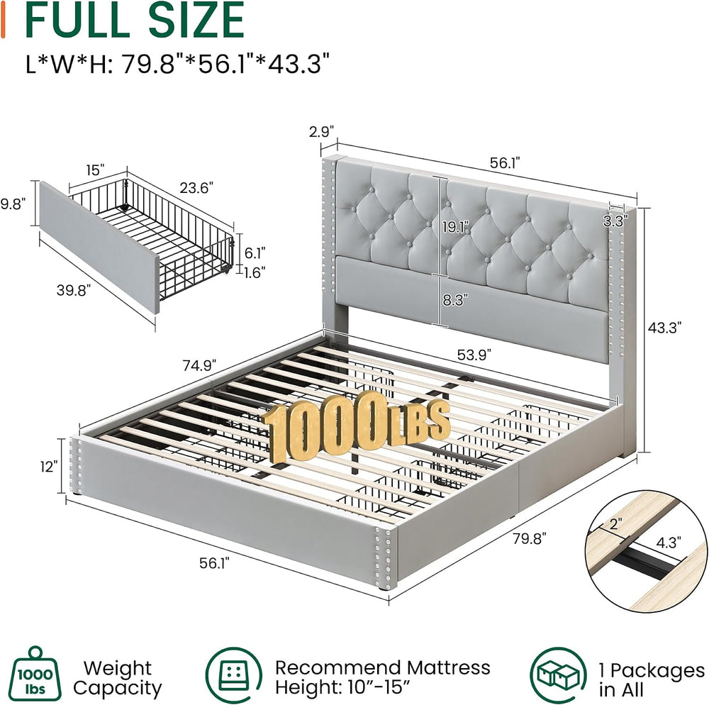 LARMACE Full Size Bed Frame Upholstered Platform Bed with 4 Storage Drawers a...
