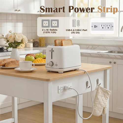 47.2" Kitchen Island with Storage & Wine Rack, Modern Stationary Island Table with Large Worktop - Features 3-Tier Shelf, 2 Drawers, Power Outlets & Hooks for Dining & Coffee Bar, White
