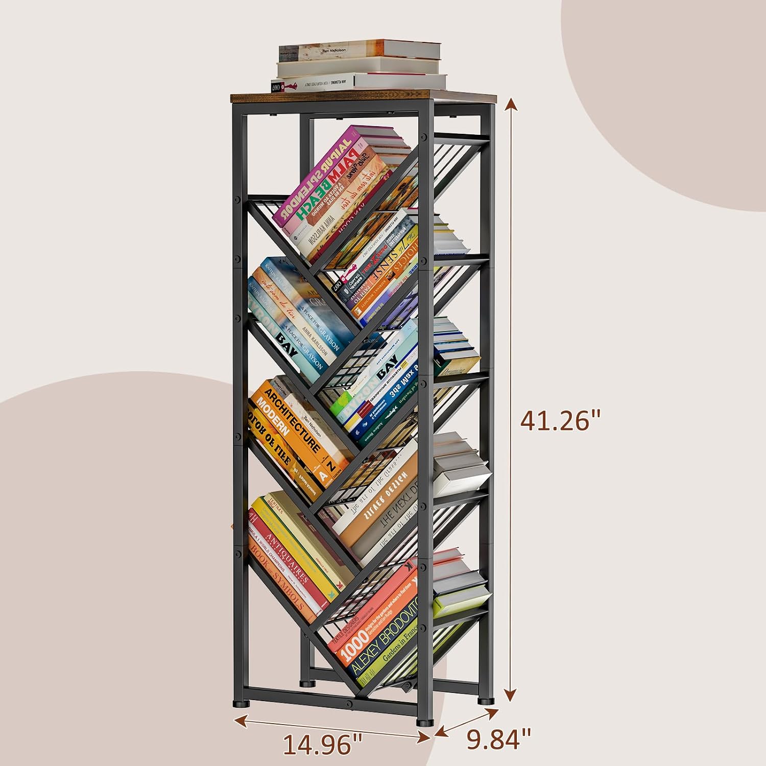 Cutogxon Tree Bookshelf - 9 Tier Visual Metal Floor Standing Book Shelf with Wooden Top, Small Bookshelf for Small Spaces Bookshelves Book Storage Organizer Shelves for Living Room Bedroom Black
