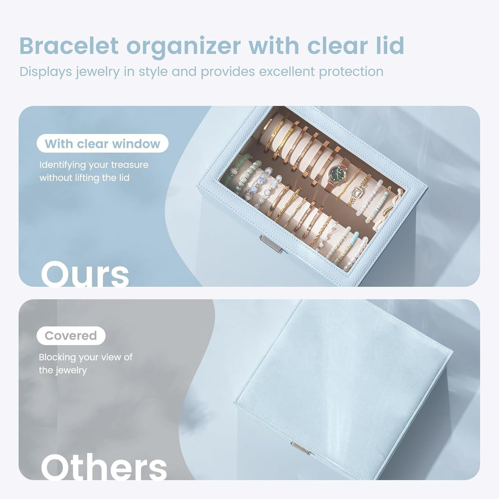 Lolalet Bracelet Display Holder with Rods for Bangles Watches, Clear Lid Jewelry Organizer Box Storage Case for Women Girls -Blue