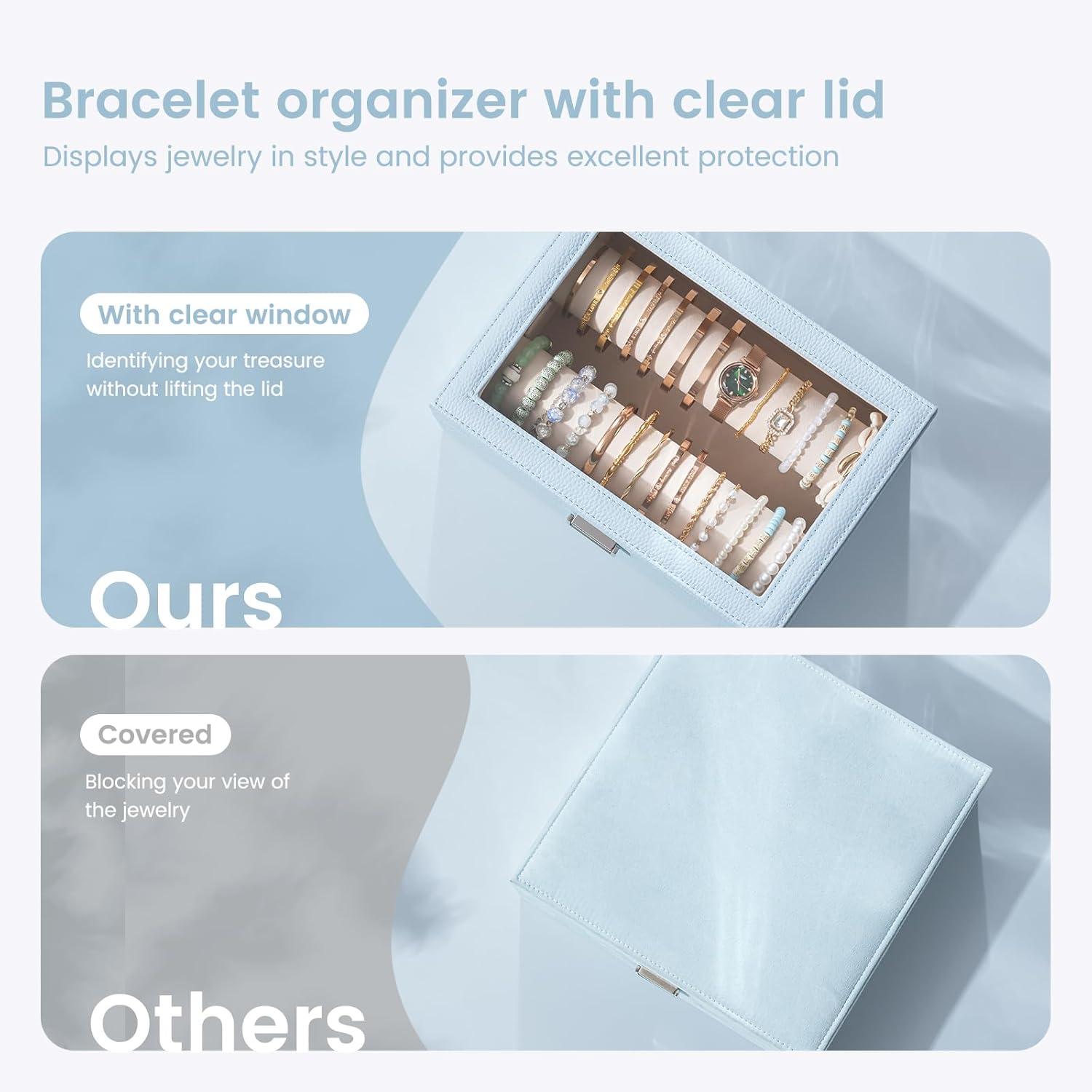 Lolalet Bracelet Display Holder with Rods for Bangles Watches, Clear Lid Jewelry Organizer Box Storage Case for Women Girls -Blue