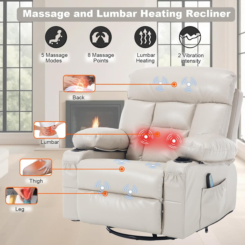 Swivel Rocker Recliner Chair Massage Beige Rocking Glider Chair for Nursery | Wide Seat, Overstuffed, Cup Holders, Faux Leather, Living Room Lounge Chair