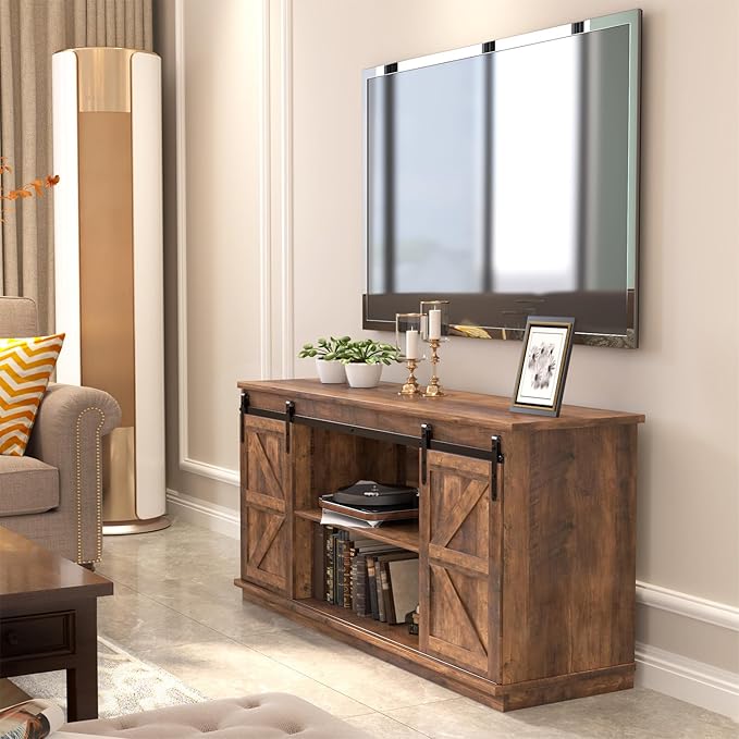 JUMMICO TV Stand for 65 Inch TV, Entertainment Center with Storage Cabinets and Sliding Barn Doors, Mid Century Modern Media TV Console Table for Living Room Bedroom (Rustic Oak)
