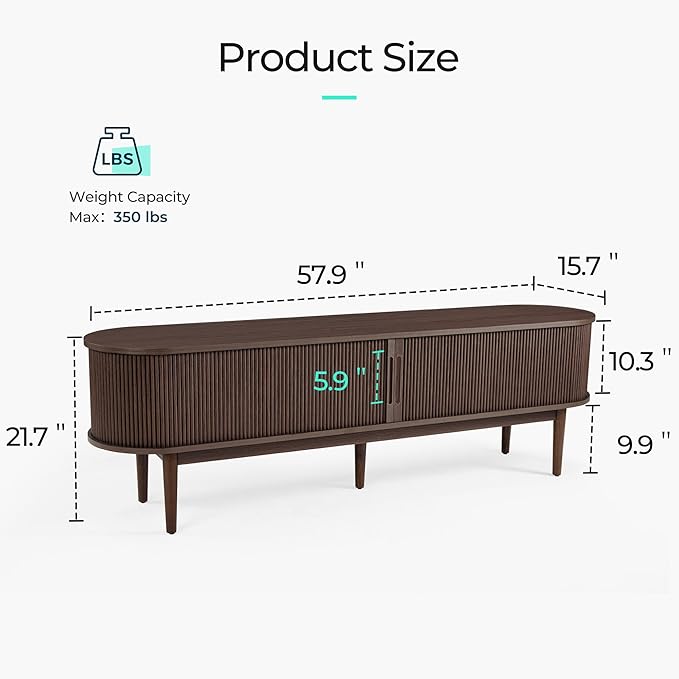 LINSY Home TV Stand for 65" TV, Mid-Century Modern 58" Entertainment Center with Sliding Tambour Door and Storage Cabinet, Cruved TV Media Console Table for Living Room, Bedroom, Walnut