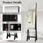 COSTWAY 12 LED Mirror Jewelry Cabinet, Freestanding Jewelry Storage Organizer w/Full Length Mirror, Large Capacity Jewelry Armoire w/Bottom Shelf, Mirror with Jewelry Storage for Women Girls (Black)
