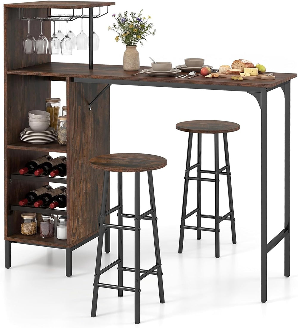Giantex 3 Pieces Bar Table and Stools Set, Bistro Table Set with Glass Holder...
