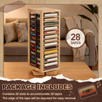 Ripeng Cassette Tape Holder, 28 Capacity 360° Rotating Double Sided Storage Rack, Natural Metal & Wood Display Shelf for Home, Music Studio