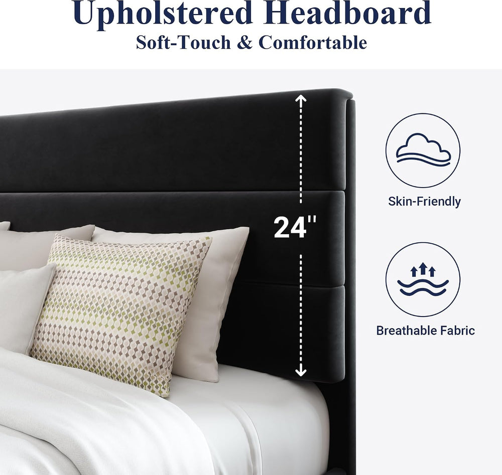 Allewie King Size Platform Bed Frame with Velvet Upholstered Headboard