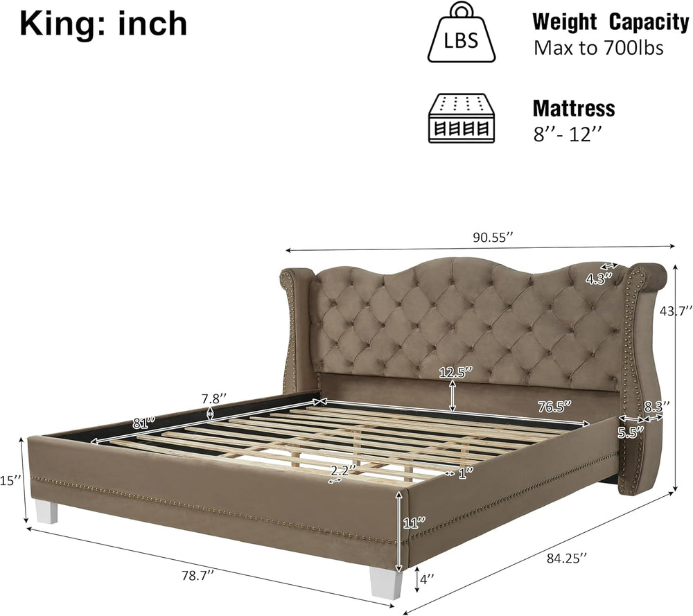 Merax Brown King Size Velvet Upholstered Bed Frame with Thick Tufted Wingback...