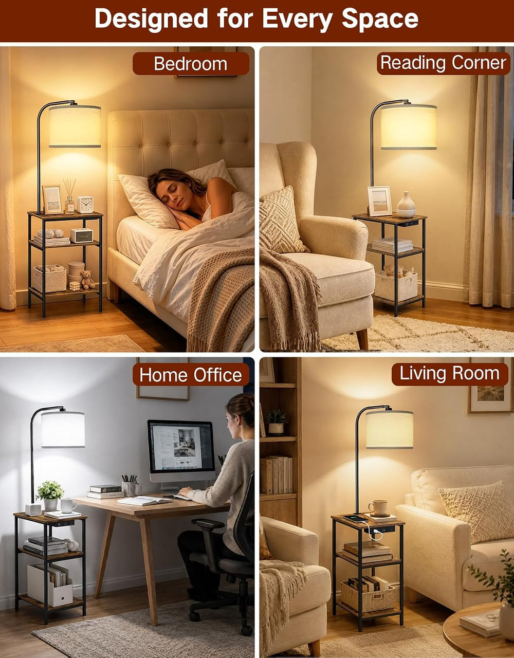 Floor Lamp with Side Table & Charging Station, End Table with 3 Color Tem...