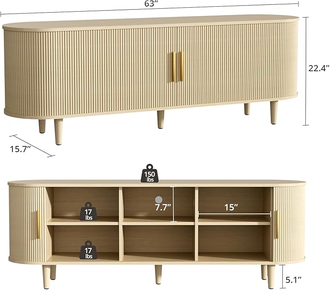 VOWNER 63" Fluted TV Stand, Modern Entertainment Center for TVs Up to 65" with Adjustable Shelves and Sliding Doors, Curved Media Console Table with Storage Cabinet for Living Room Bedroom (Oak)