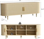 VOWNER 63" Fluted TV Stand, Modern Entertainment Center for TVs Up to 65" with Adjustable Shelves and Sliding Doors, Curved Media Console Table with Storage Cabinet for Living Room Bedroom (Oak)