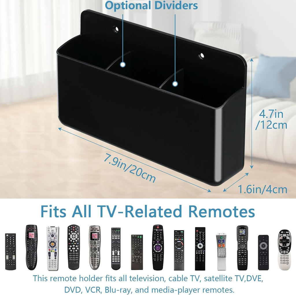 2Pcs Remote Control Holder Wall Mount, TV Remote Caddy Box Hollow Bottom Slot Easy Phone Charging, Self Adhesive Remote Holder,Wall Pen Holder Storage Accessories for Home Office School (White&Black)