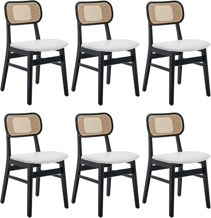 Rattan Dining Chairs Set of 6 Black Wooden Dining Room Chairs White Faux Leather Kitchen Chairs with Back Farmhouse Side Chairs, Natural Wood