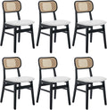 Rattan Dining Chairs Set of 6 Black Wooden Dining Room Chairs White Faux Leather Kitchen Chairs with Back Farmhouse Side Chairs, Natural Wood