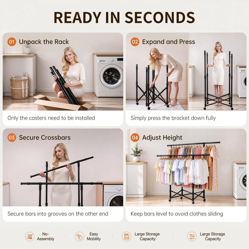 No-assembly Clothes Rack，Double Rod 59-Inch Rolling clothing rack