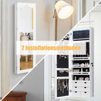 COSTWAY Jewellery Cabinet with LED Lighting, 6 Drawers and Mirror, Hanging Sail Cabinet, Wall Cabinet for Door and Wall Mounting, Lockable (White)