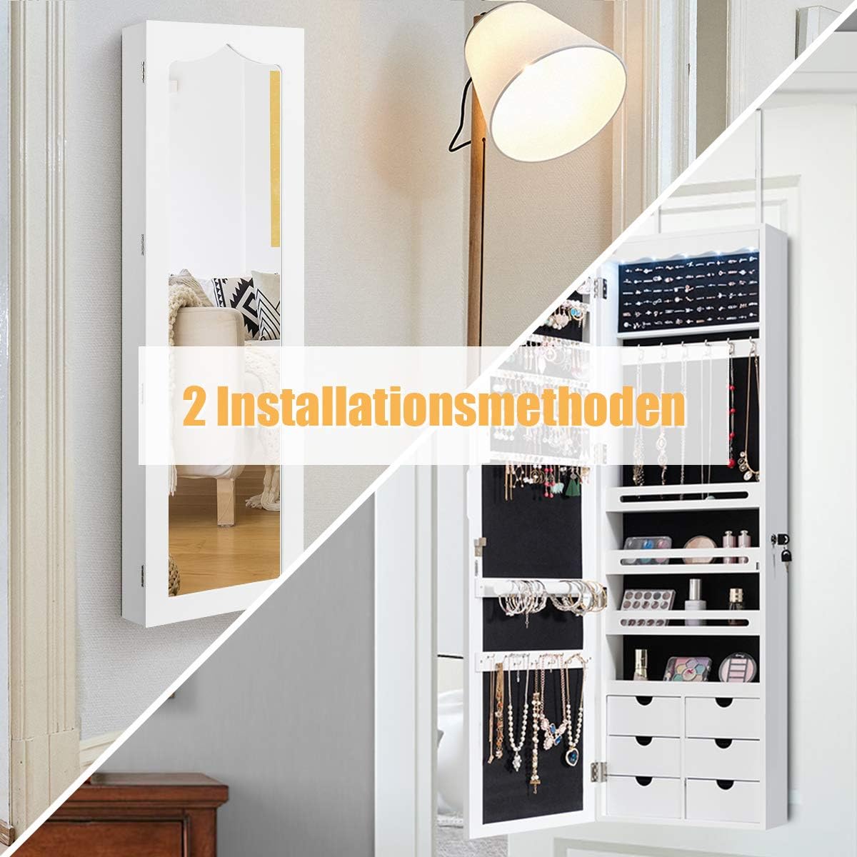 COSTWAY Jewellery Cabinet with LED Lighting, 6 Drawers and Mirror, Hanging Sail Cabinet, Wall Cabinet for Door and Wall Mounting, Lockable (White)