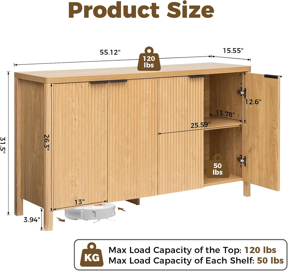 HOMMPA 55''Sideboard Buffet Cabinet with Storage Fluted Sideboard-Nat...
