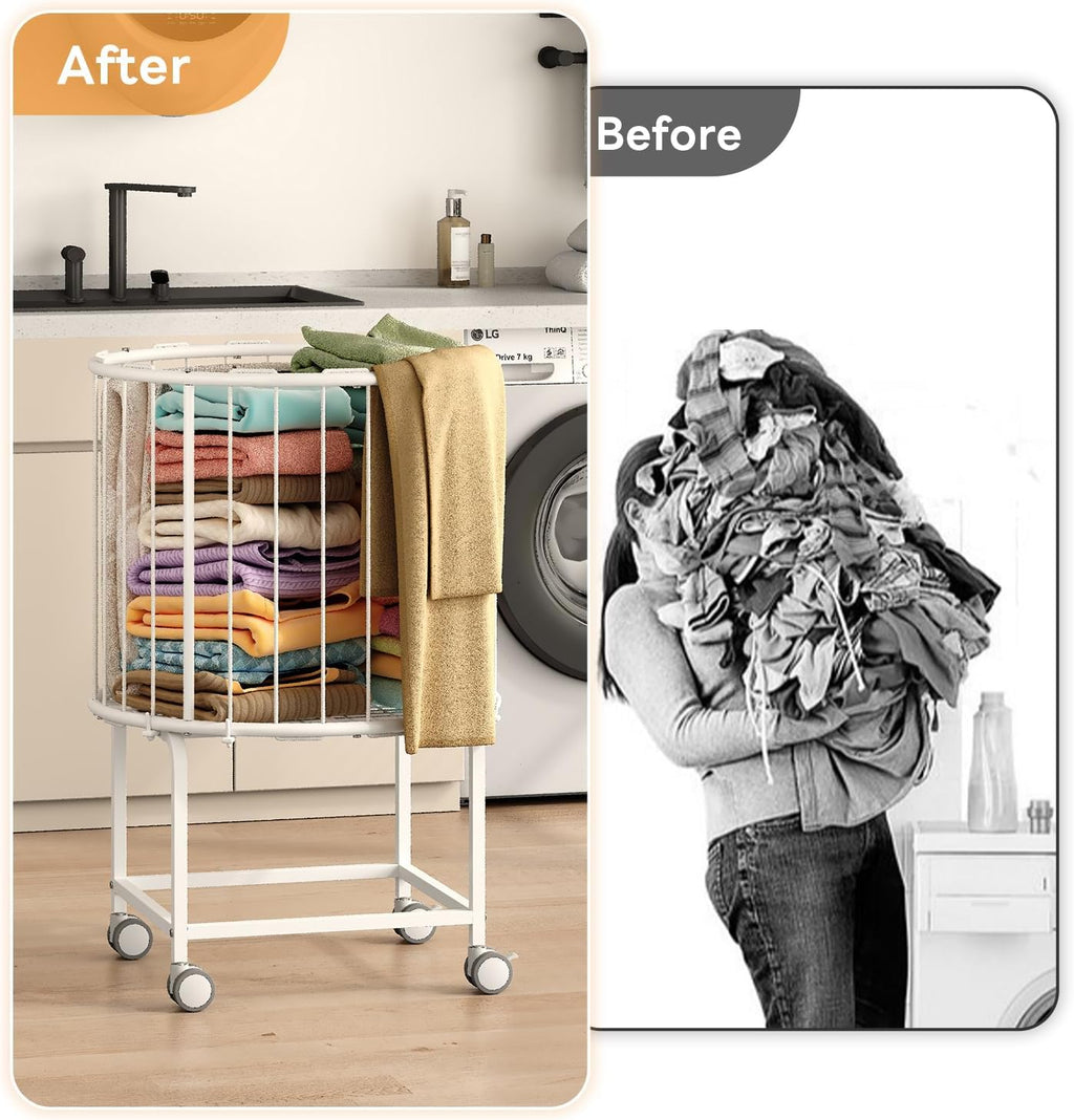 29-Gallon(110 L) Laundry Cart with Wheels,Rolling Round Metal Laundry Basket Cart with Elastic Cord,2 Locking Wheels-White