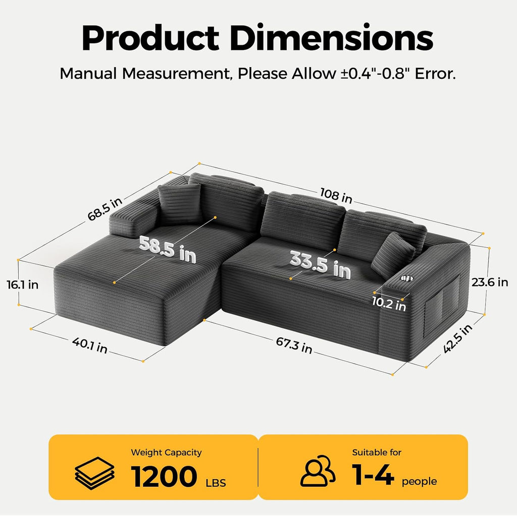 CAMMOO 108" L-Shaped Boneless Sectional Sofa, Cloud Couch in One Box | No Assembly Deep Seat, 4-Seater Sofa for Living Room, Storage Pockets, Plush Corduroy, Left-Facing Chaise, Grey