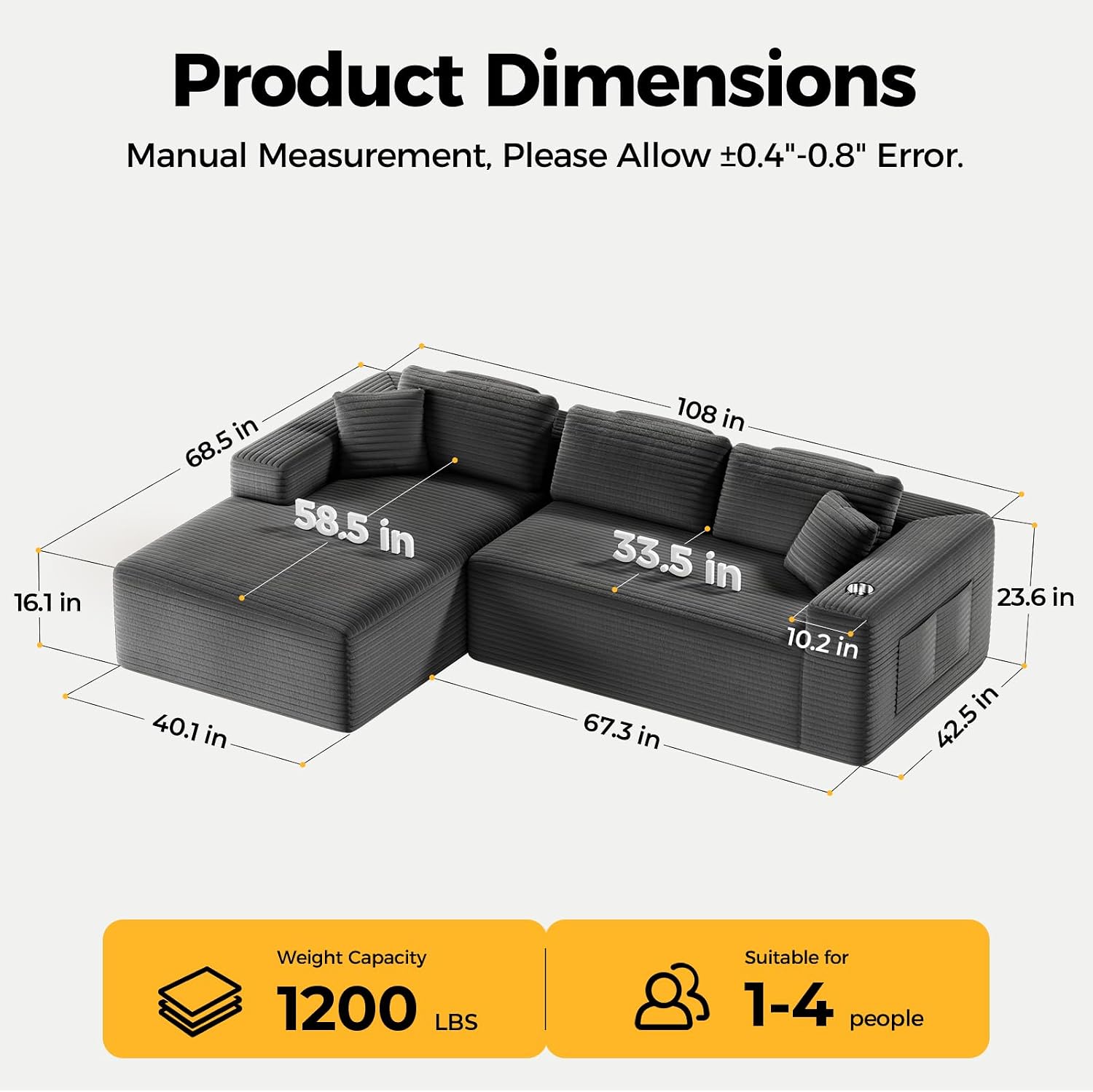 CAMMOO 108" L-Shaped Boneless Sectional Sofa, Cloud Couch in One Box | No Assembly Deep Seat, 4-Seater Sofa for Living Room, Storage Pockets, Plush Corduroy, Left-Facing Chaise, Grey