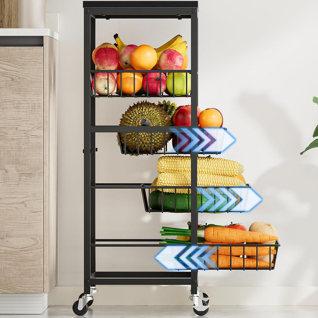 Snack Cart, 5-Tier Kitchen Carts on Wheels with Storage,Fruit Basket Stand with Pull-Out Baskets and Wood Top,Kitchen Organizer for Fruit Vegetable Snack (Black)