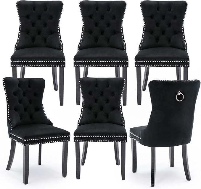 Velvet Upholstered Dining Chairs Set of 6, Modern Style Kitchen Side Chairs with Nailhead Trim and Wood Legs,Metal Pulling Ring for Dining Room Living Room(Black,Set of 6)