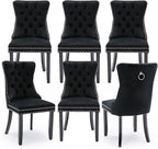 Velvet Upholstered Dining Chairs Set of 6, Modern Style Kitchen Side Chairs with Nailhead Trim and Wood Legs,Metal Pulling Ring for Dining Room Living Room(Black,Set of 6)