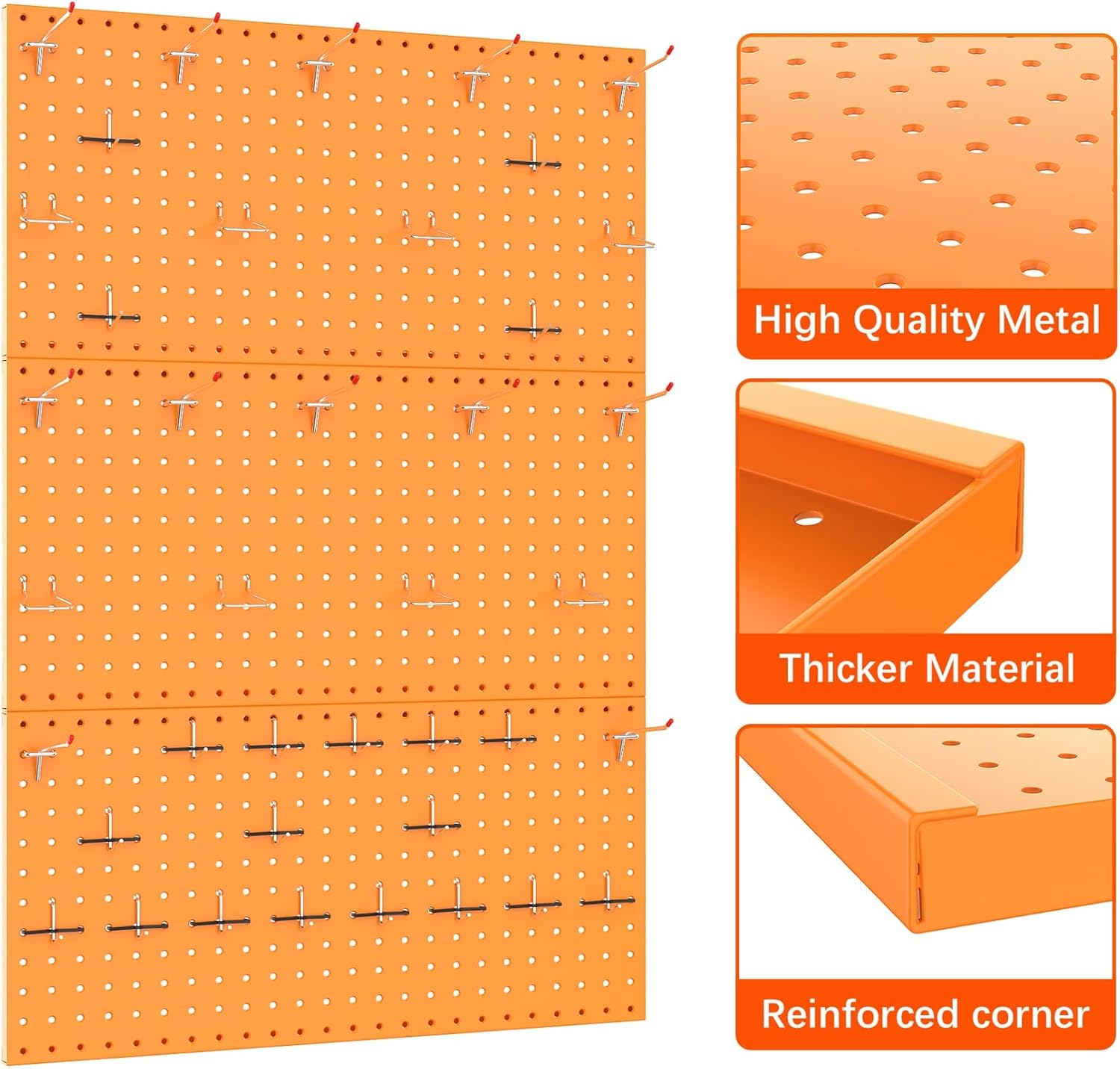 TORACK 3 PCS Metal Pegboard Panels(12x24 inch) for Wall Garage Tools Storage Pegboard for Workbench, Modular Peg Board Tool Organizer Board Kit(Pack of 3, Orange)
