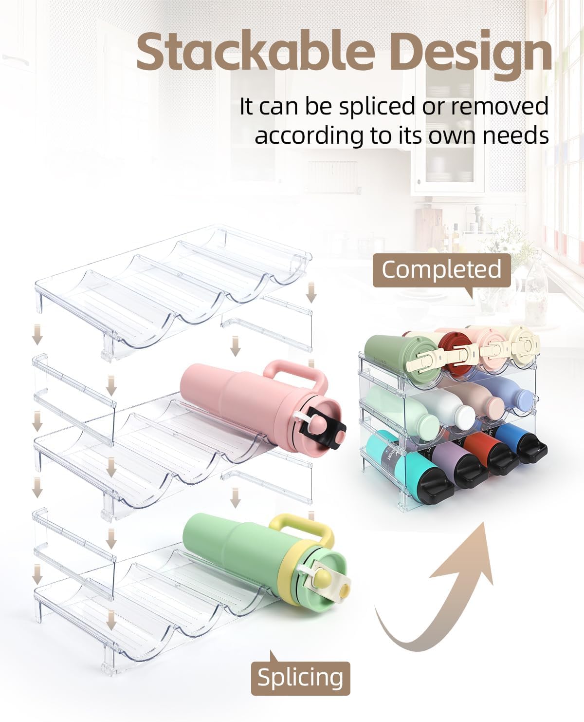 Water Bottle Organizer - 3 Pack Clear Stackable Bottle Storage Rack and Wine Rack for Stanley Yeti Bottle and Other Tumbler Organizer for Kitchen Cabinets, 3 Tier Hold 12