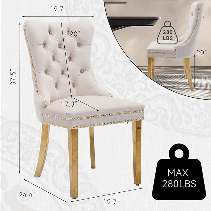 Velvet Upholstered Dining Chairs Set of 6, Modern Style Kitchen Side Chairs with Nailhead Trim and Gold Plated Leg, Metal Pulling Ring for Dining Room Living Room(Beige-Gold Plated Leg)
